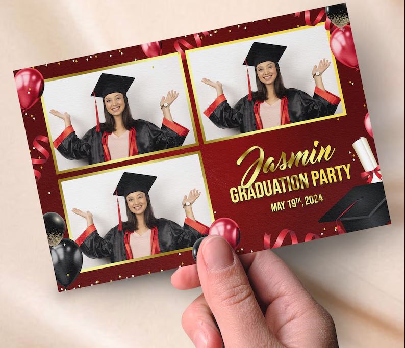 Custom photo booth printout featuring Jasmin in a graduation cap and gown at her Guelph graduation party on May 19th, 2024
