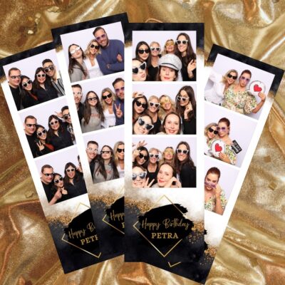 Photo booth printouts from Petra’s birthday party in Burlington, featuring guests in fun sunglasses and playful poses over a gold fabric backdrop.
