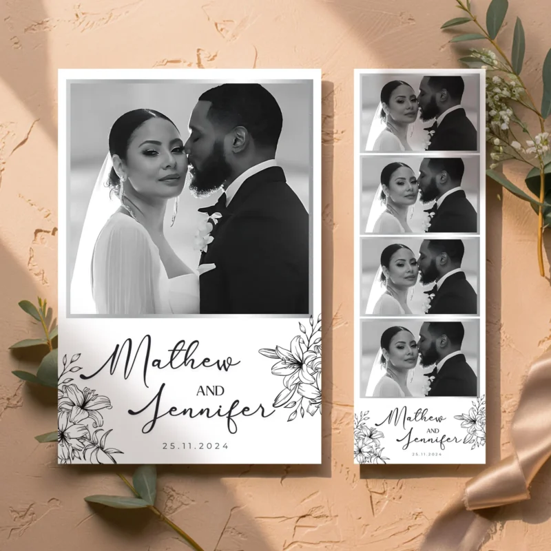 Custom wedding photo strip and portrait printout for Mathew and Jennifer’s Burlington wedding on November 25, 2024, featuring classic black-and-white shots and floral design elements